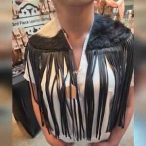Cowhide Leather Fringe Shawl Western Cape Boho Rodeo